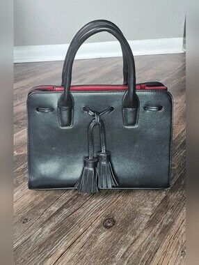 Charming Charlie Black Structured Tassel Satchel Purse with Red Interior